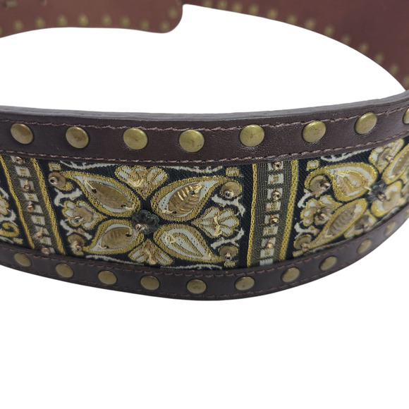 Chicos Chunky Embellished Leather Belt Brown Etched Buckle Stud Embroidery Small